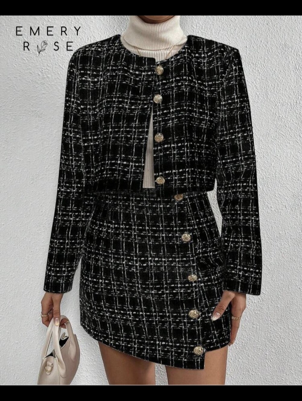 Designer Look Black and White Tweed Skirt And Blazer with Silver Buttons